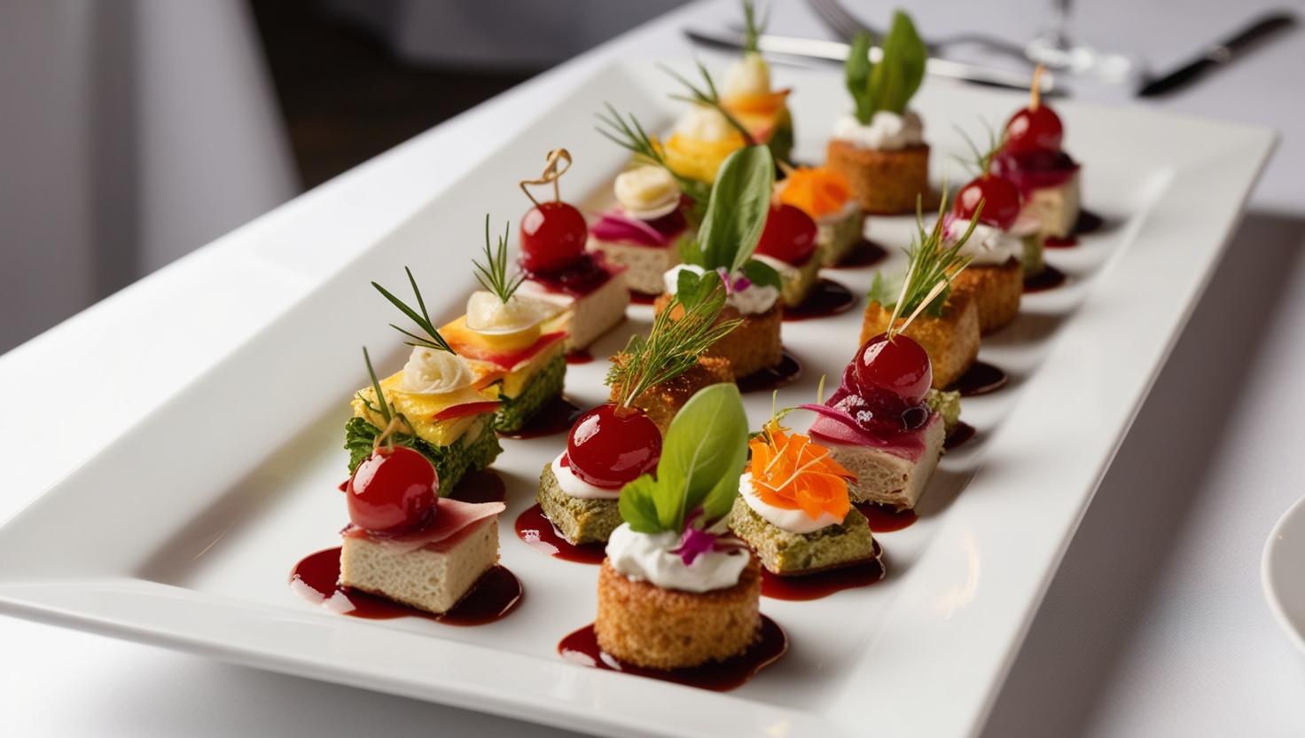 Feine Canapés auf einer weißen Servierplatte
