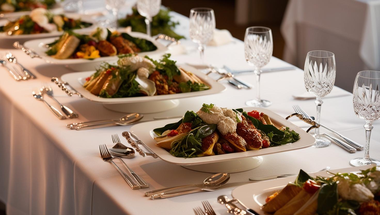 Gedeckte Tafel mit weißen Tellern, geschliffenen Gläsern und Besteck